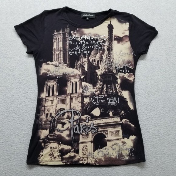 Hello Paris Shirt Womens 3 Black Crew Neck Short Sleeve - Picture 1 of 7